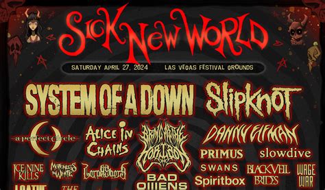 Sick new world 2024 - Sick New World, the nu-metal-leaning festival that debuted in May 2023 in Las Vegas, Nevada, will return on April 27, 2024, with an even bigger lineup headlined by System of a Down and Slipknot. In addition to the headliners, the bill for the event, which somehow will take place on one one day across five…